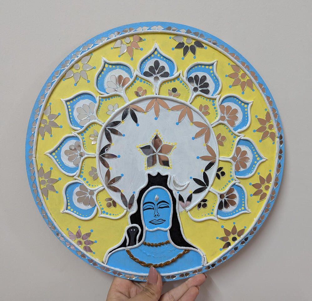 Custom mahadev shivji lippan with mould mud and mirrors on MDF board for ethnic home decor