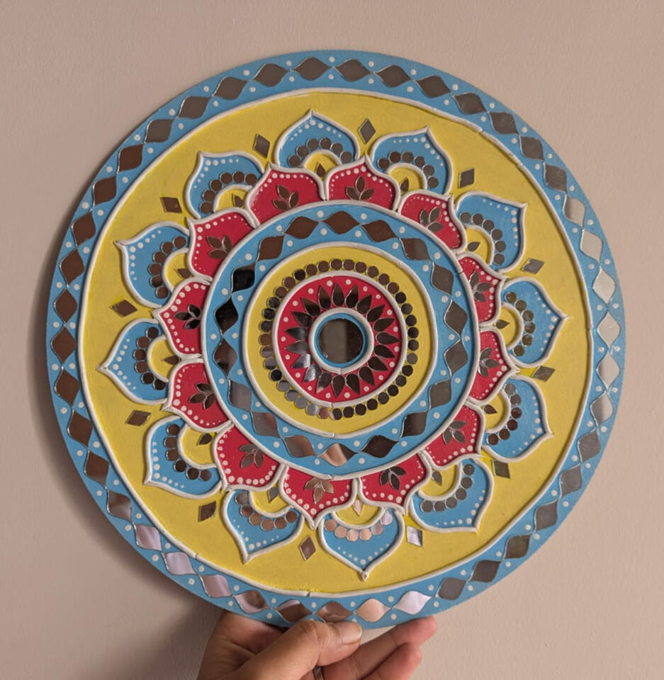 Custom motif mandala handmade lippan with mould clay and mirrors on MDF board for ethnic home decor