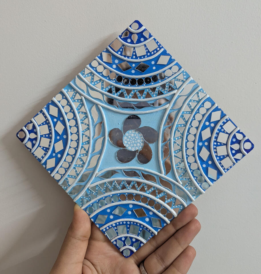 Blue white mandala desk piece handcrafted lippan with mould clay art and mirror work on MDF board for traditional ethnic home decor desk table