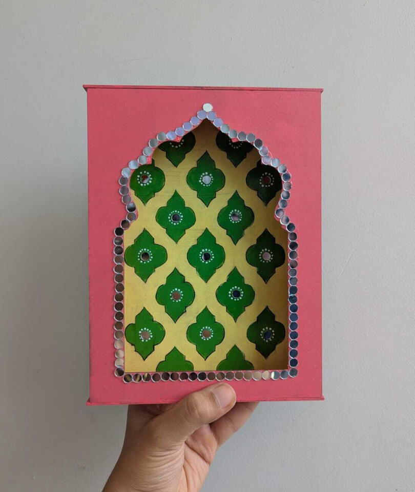 Jharokha box handcrafted with lippan mould clay and mirror work on MDF board for traditional ethnic home decor wall hang